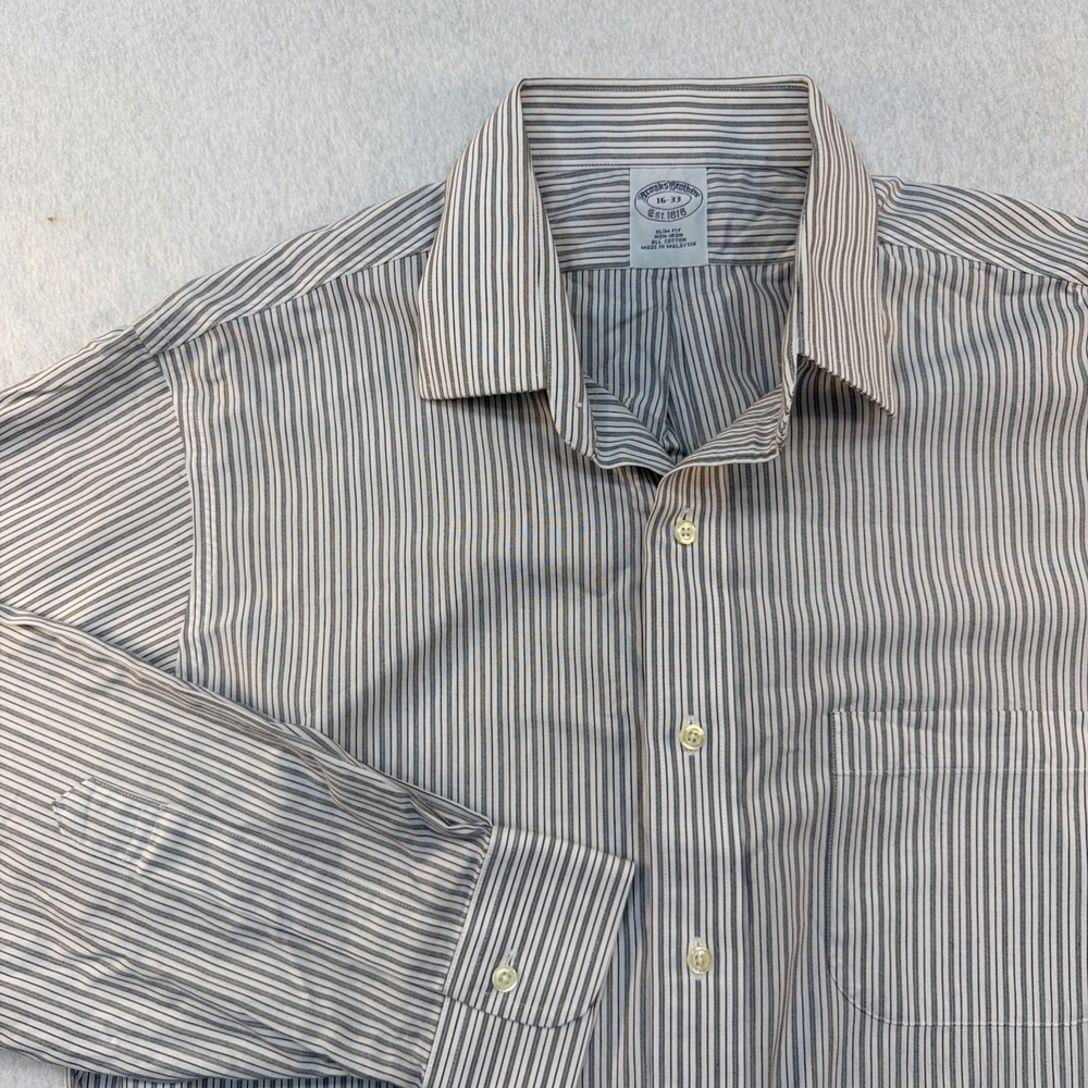 Brooks Brothers Dress Shirt Men 16/-33 Slim Fit Gray Stripes Cotton Non-Iron EUC